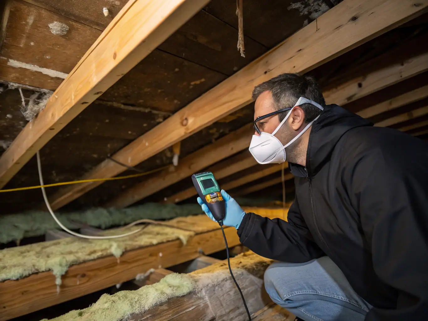 A photograph illustrating Servco's mold remediation specialists inspecting a mold-infested area in a commercial building, using specialized detection equipment and wearing protective suits.