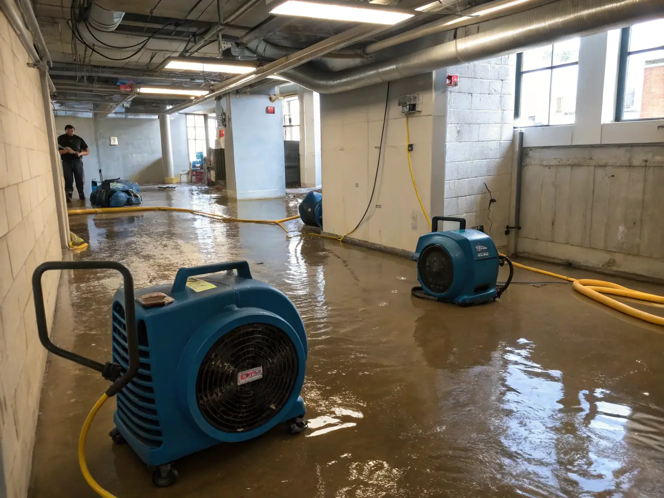 A photograph showing Servco's technicians extracting water from a flooded basement, using professional-grade water extraction equipment. The image should convey a sense of urgency and efficiency.
