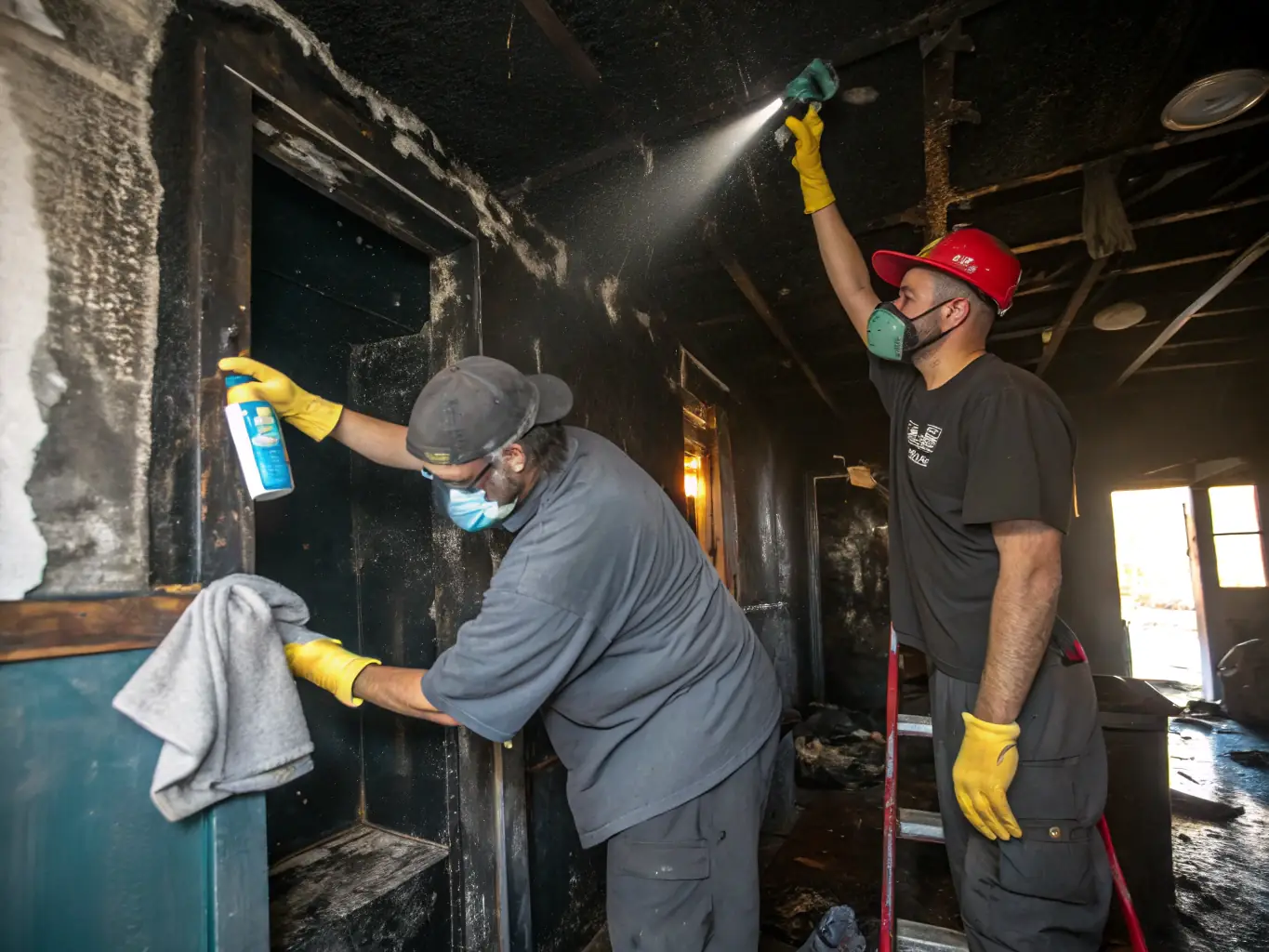 A photograph depicting Servco's team assessing fire damage in a residential property, with visible smoke and charred remains. The team is wearing protective gear and using professional equipment.