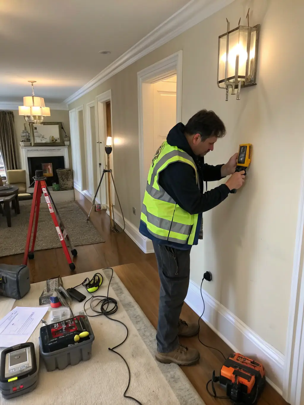 A photo of a technician using advanced thermal imaging equipment to detect hidden moisture behind walls after water damage, showcasing the thoroughness of Servco's inspection process.