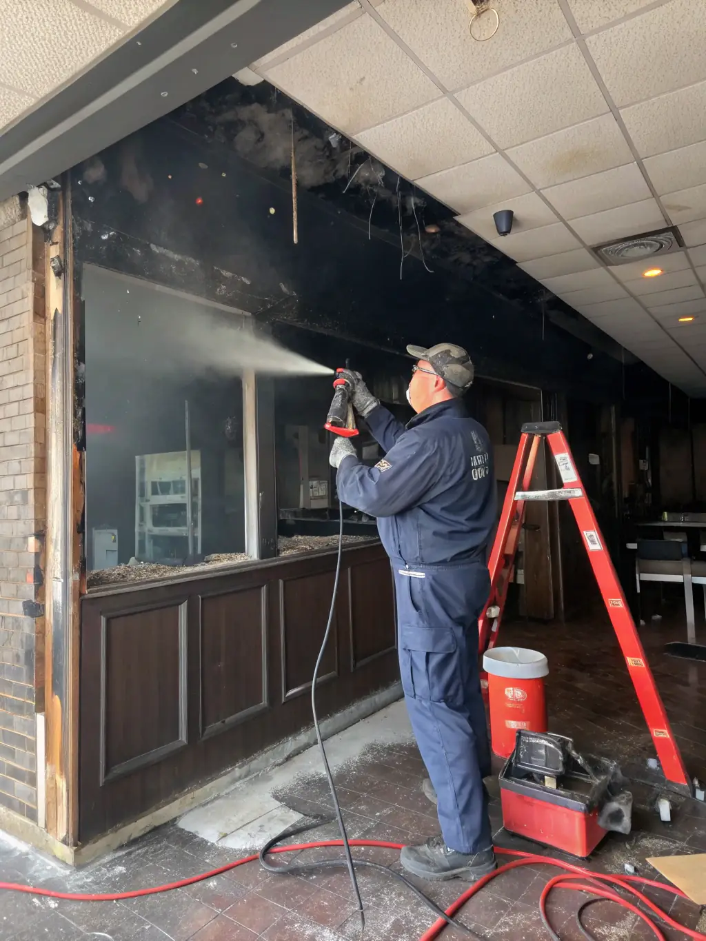 A photo showing Servco's team carefully removing soot and smoke residue from a fire-damaged property, highlighting the meticulous cleaning process.